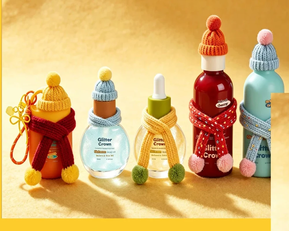 Bottles wearing handcrafted knit scarves and beanies